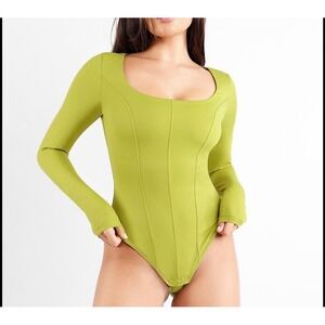 NWT Populish Shapewear Tummy Control Thong Bodysuit green XL long sleeve classic
